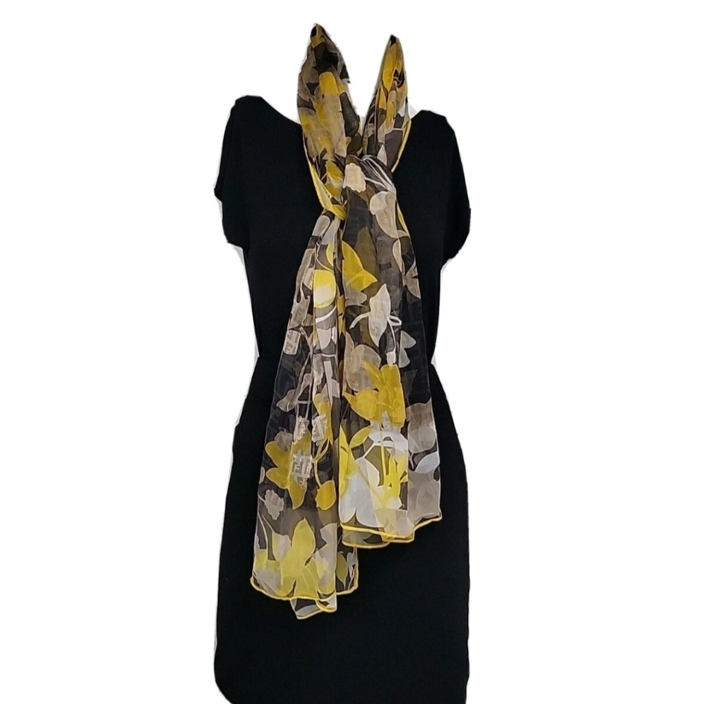 Fendi Yellow and Black Floral Silk Chiffon Long Scarf